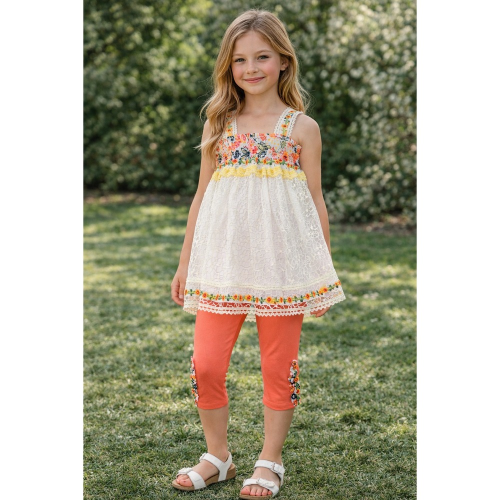 Hannah Banana Girls 2pc Ivory Lace Babydoll Smocked Top‎ & Leggings Outfit NEW 7